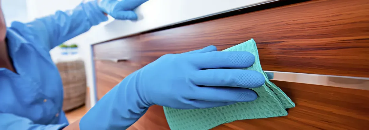 Cleaner wearing blue gloves wiping a wooden cabinet drawer with a microfiber cloth for dust and grime removal, Nashua, NH.